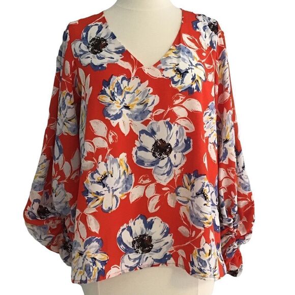Vici Tops - VICI V-Neck Red Floral Print Balloon 3/4 Sleeve Blouse Top